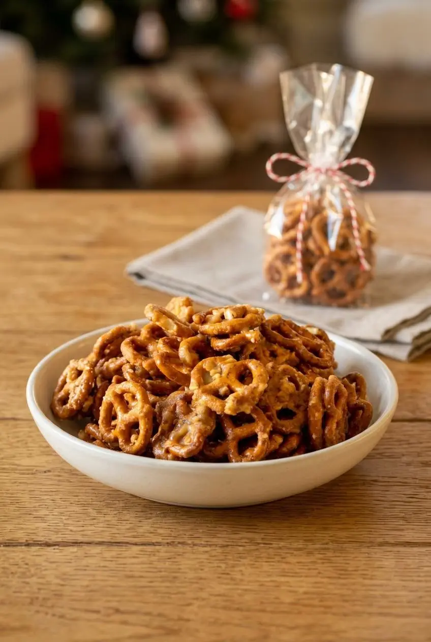 Ceramic bowl filled with butter toffee pretzel clusters next to a cellophane gift bag tied with baker's twine.