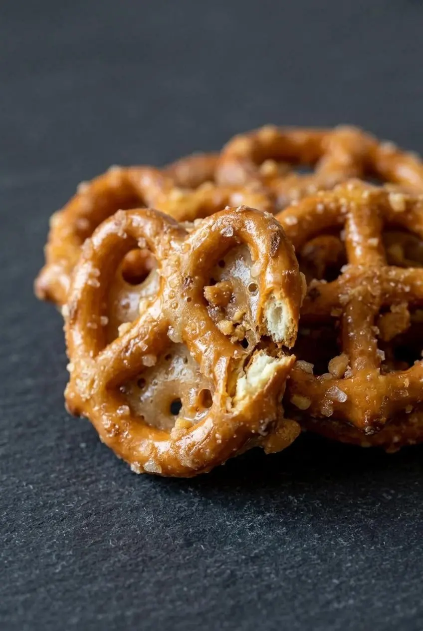 Macro view of butter toffee pretzels showing aerated matte glaze and crunchy toffee bits along a clean snap break.