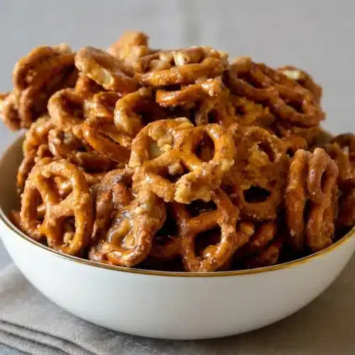 Crisp butter toffee pretzels coated in a golden brown sugar glaze with crunchy toffee bits.