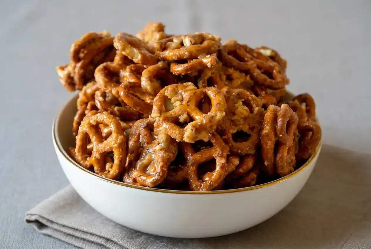 Crisp butter toffee pretzels coated in a golden brown sugar glaze with crunchy toffee bits.
