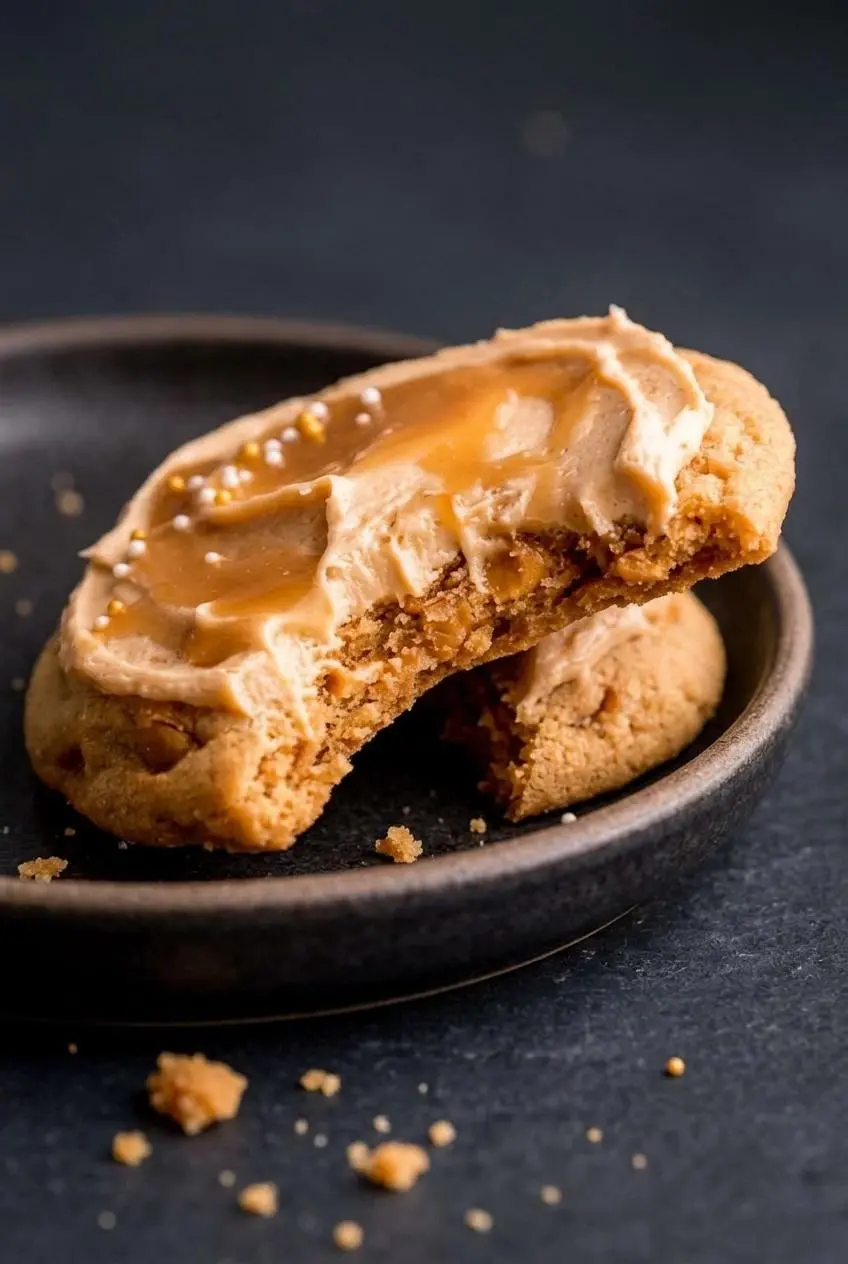 Close-up of a butterbeer cookie broken in half showing chewy butterscotch chip dough, whipped buttercream, and amber caramel