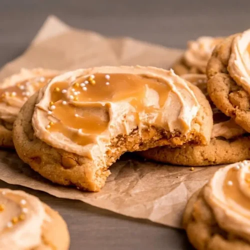 Butterbeer cookies recipe showing chewy butterscotch cookies topped with fluffy buttercream and glossy amber caramel drizzle