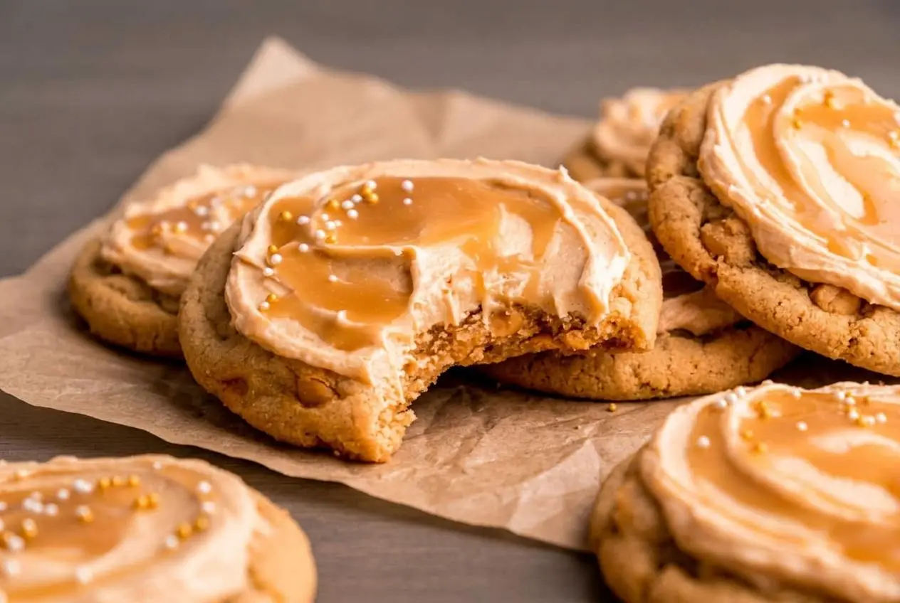Butterbeer cookies recipe showing chewy butterscotch cookies topped with fluffy buttercream and glossy amber caramel drizzle
