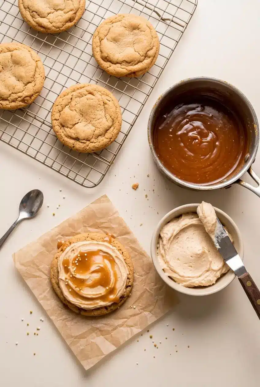Baked butterscotch cookies cooling on a wire rack next to a saucepan of amber soda caramel and a bowl of whipped buttercream