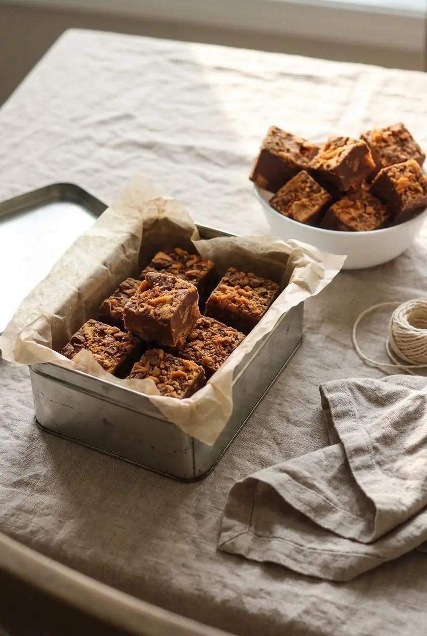 Butterfinger fudge squares arranged neatly inside a wax-paper-lined metal gift tin on a linen table