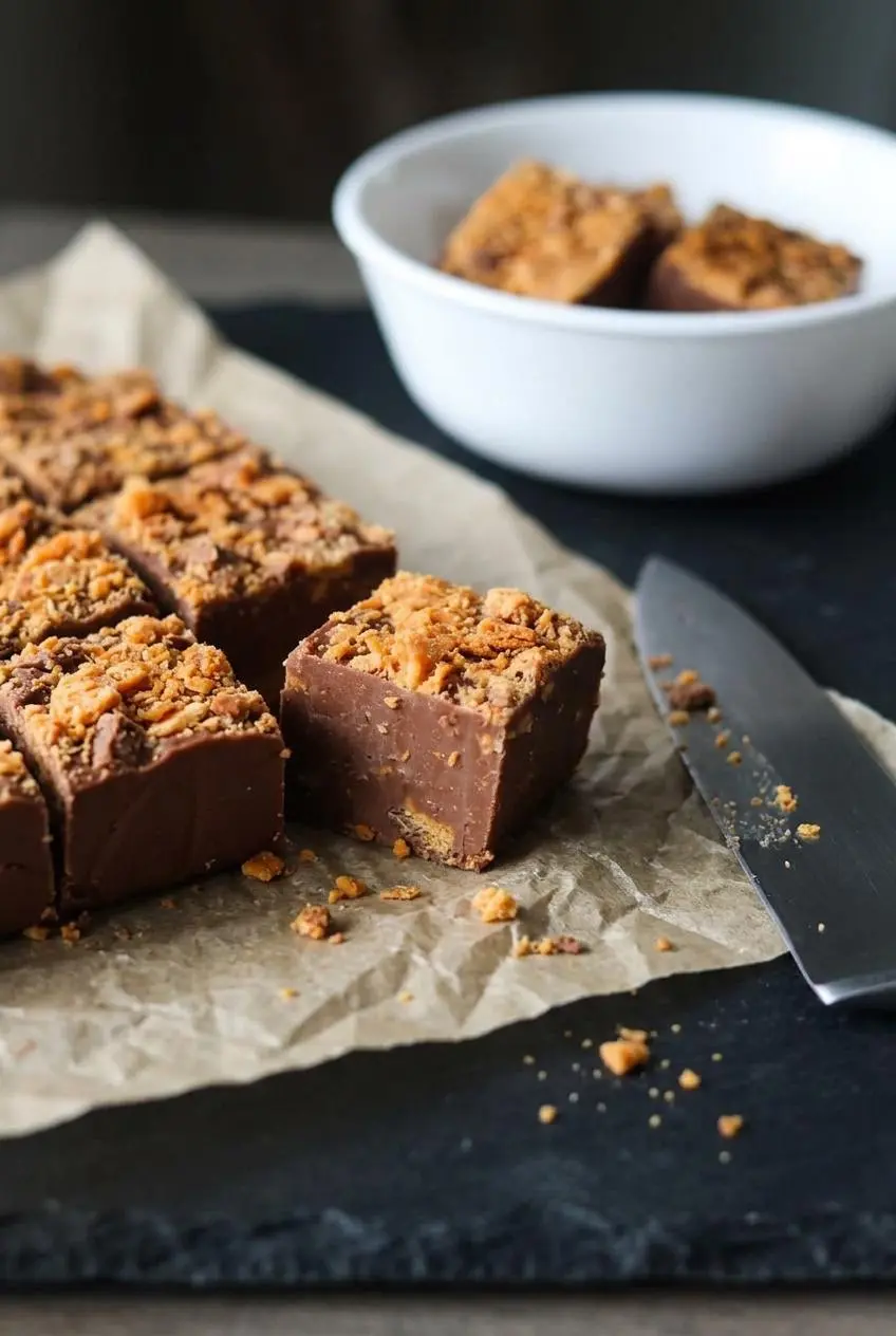 Close-up of freshly cut fudge squares on parchment paper showing smooth chocolate interior and crispy candy chunks