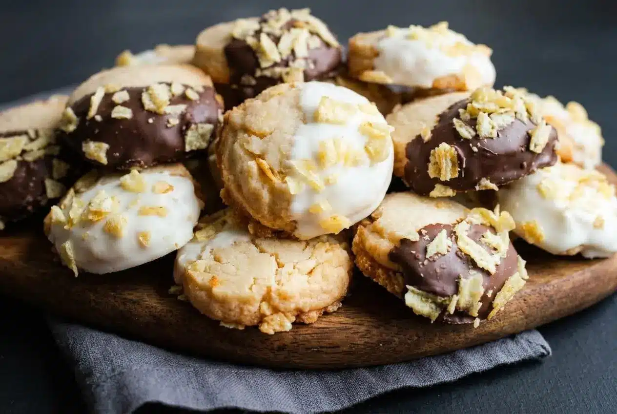 Buttery potato chip cookies with pale ivory tops, golden bottom edges, and crispy chip pieces