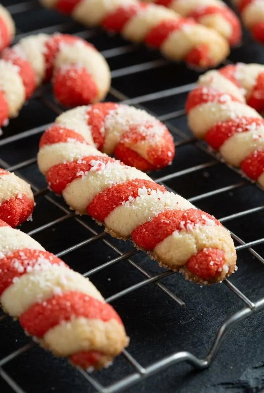 Close-up of twisted red and white peppermint cookies cooling on a wire rack with golden bottom edges.