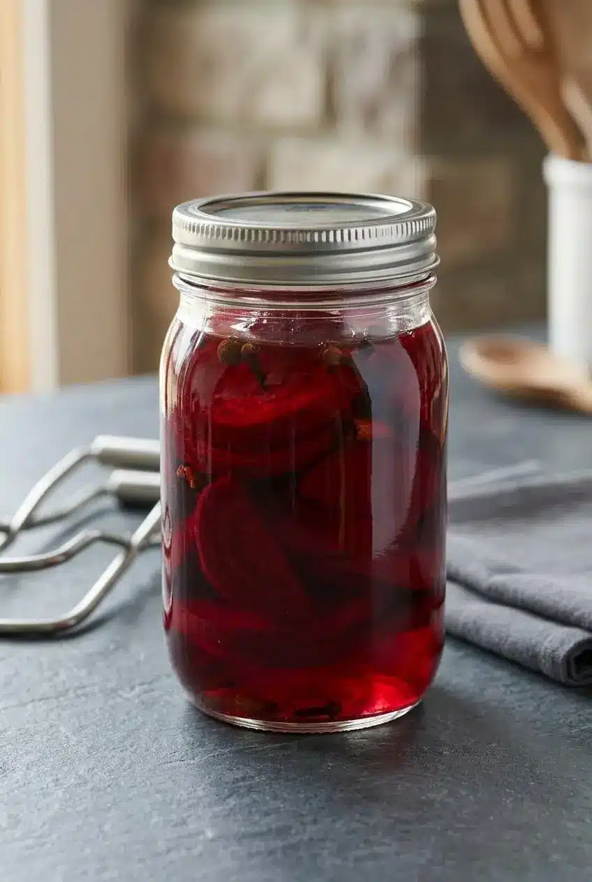 Pint glass jar filled with sliced pickled beets submerged in red brine with a half-inch headspace.
