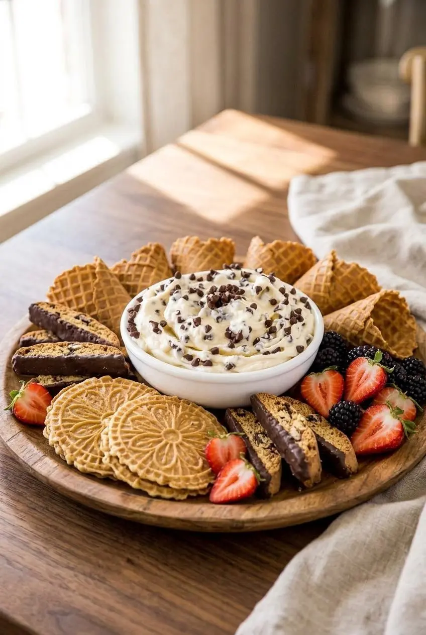 Dessert platter with cannoli dip, broken waffle cones, pizzelle, biscotti, strawberries, and blackberries.