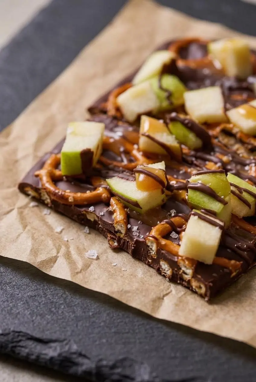 Close-up of a snapped caramel apple bark shard on parchment showing dry diced green apple and thick caramel.