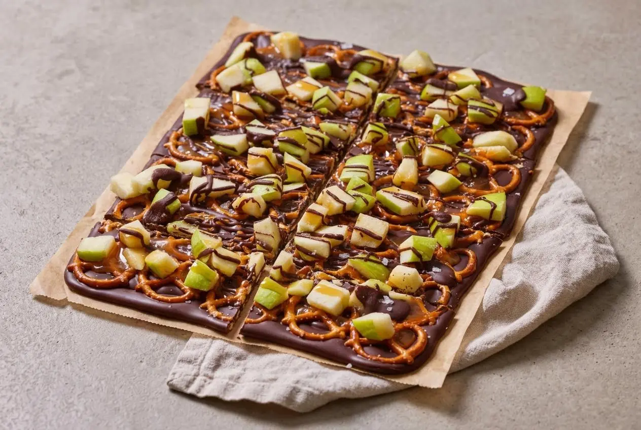 Shards of caramel apple bark with glossy dark chocolate, diced green apple, pretzels, and rich caramel drizzle.