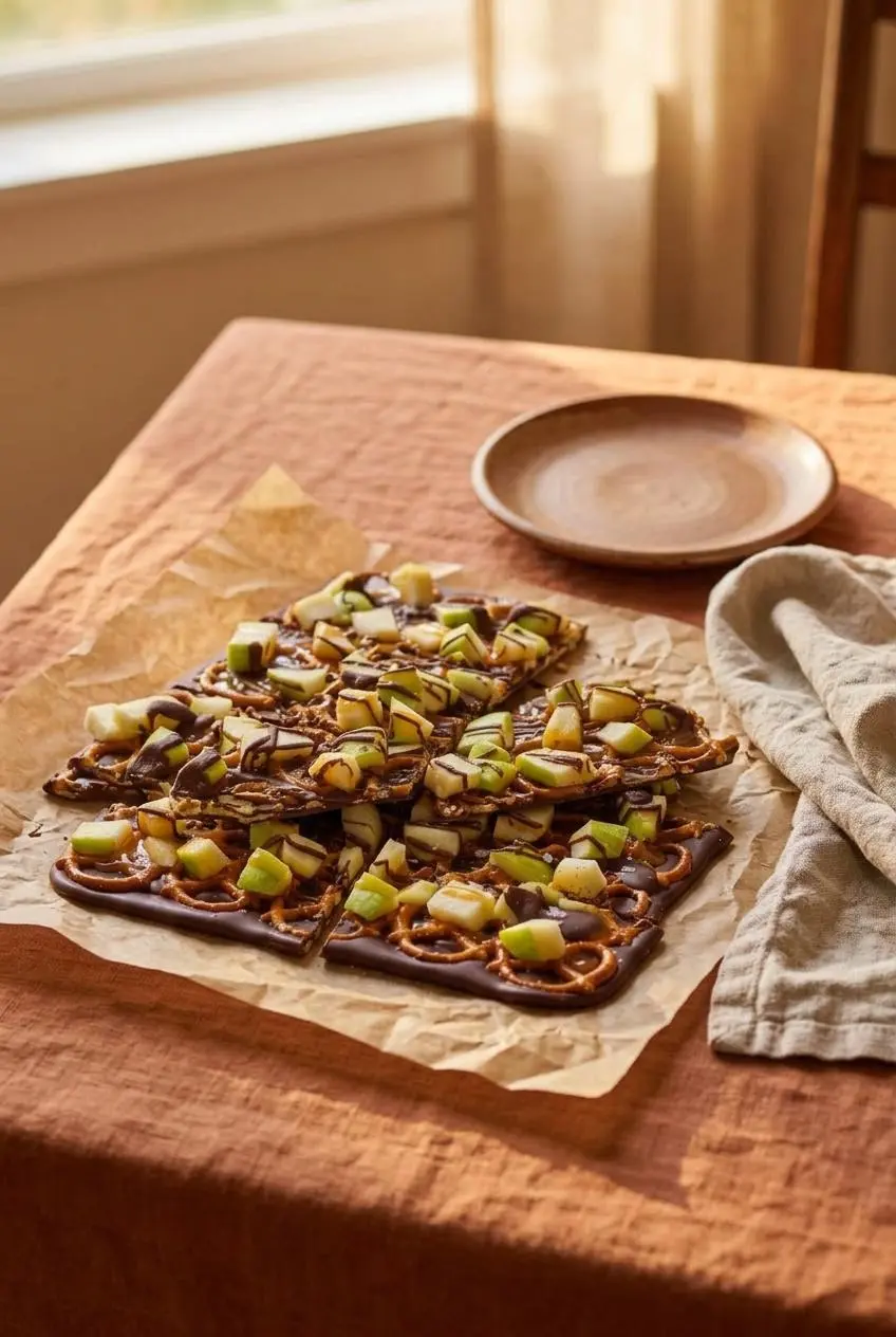 Chilled rustic shards of chocolate apple bark with pretzels and caramel served on a terracotta linen table.