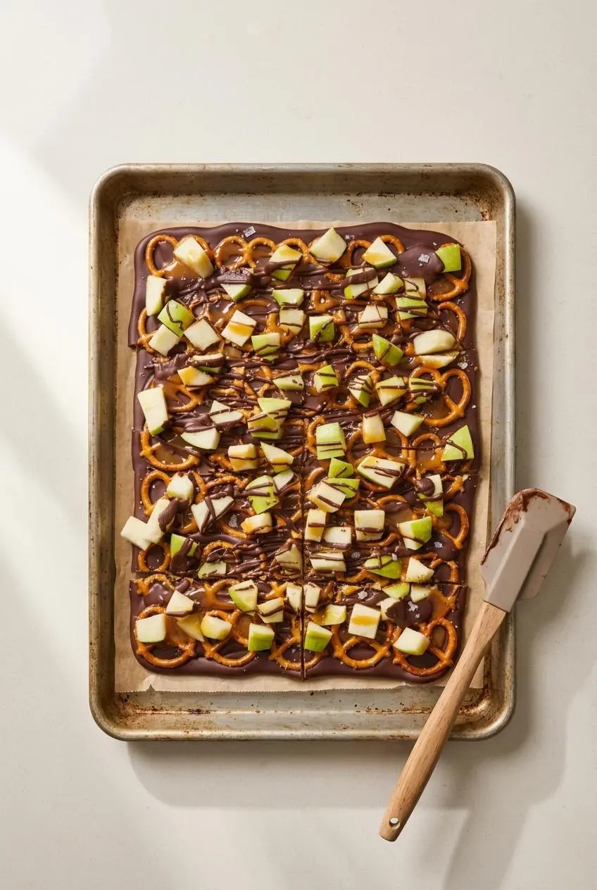 Overhead view of melted chocolate on a parchment-lined baking sheet topped with pretzel rows, diced apple, and caramel.