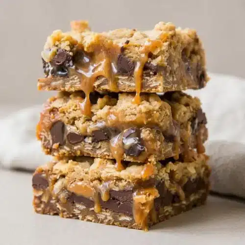 Golden carmelitas recipe oat bar cut into neat squares with rich chocolate and gooey caramel layers.
