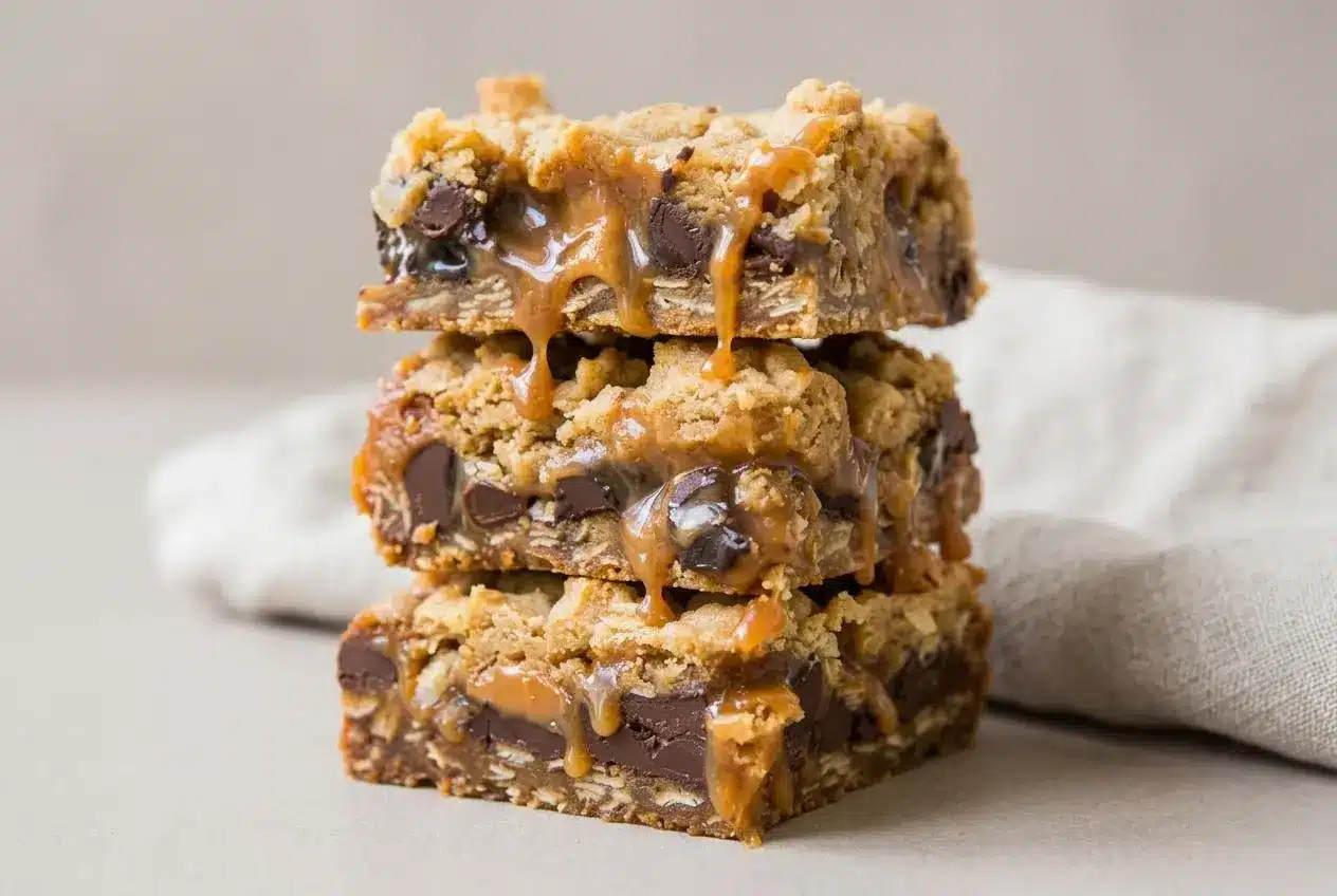 Golden carmelitas recipe oat bar cut into neat squares with rich chocolate and gooey caramel layers.