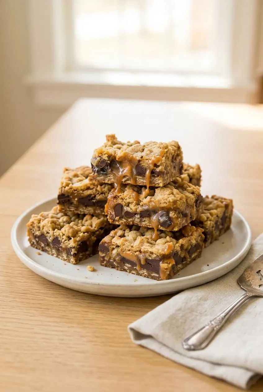 Freshly cut carmelita squares stacked on an off-white ceramic dessert platter ready for serving.