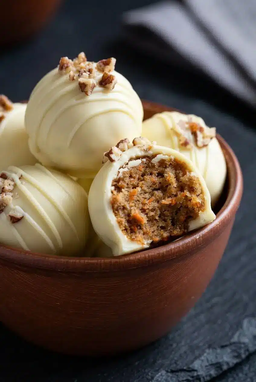Halved carrot cake truffle showing the dense spiced crumb interior and crisp candy shell