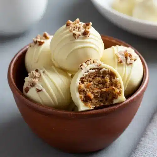 Carrot cake truffles dipped in a crisp vanilla coating topped with toasted pecans