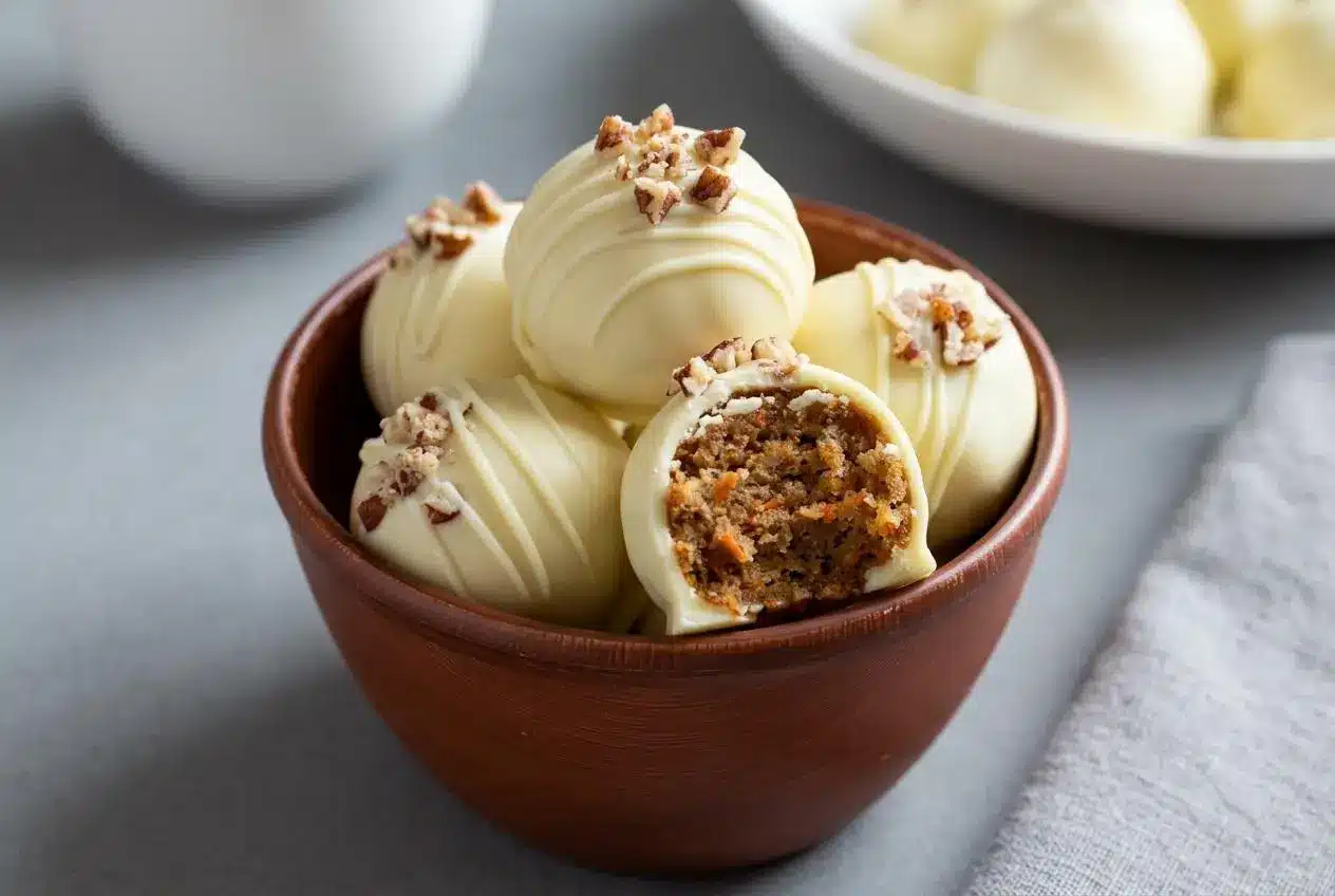 Carrot cake truffles dipped in a crisp vanilla coating topped with toasted pecans