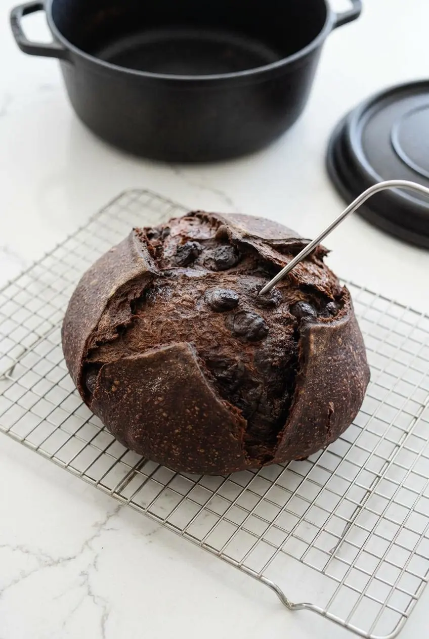 Freshly baked chocolate sourdough bread on a wire cooling rack with a digital thermometer probe in the center.