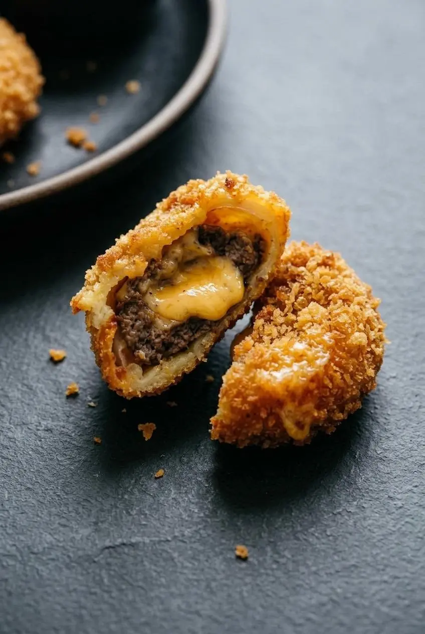 Halved cheeseburger onion ring showing cooked ground beef, melted cheddar center, and crisp panko crust