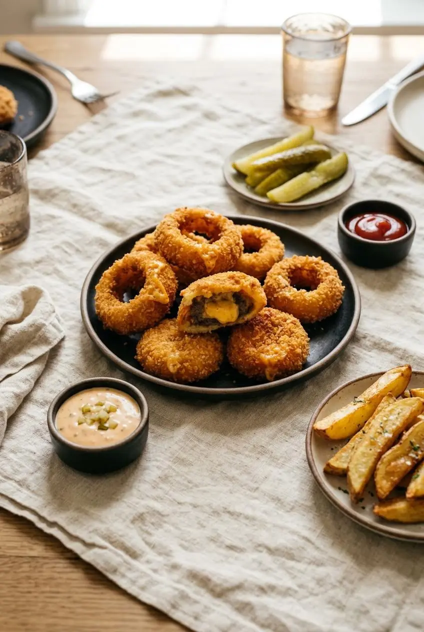 Platter of golden cheeseburger onion rings served with burger sauce, ketchup, dill pickle spears, and steak fries