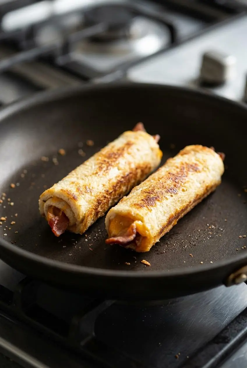 Two golden bread roll-ups in a dark non-stick skillet showing sealed seams and bubbling cheddar at the ends.