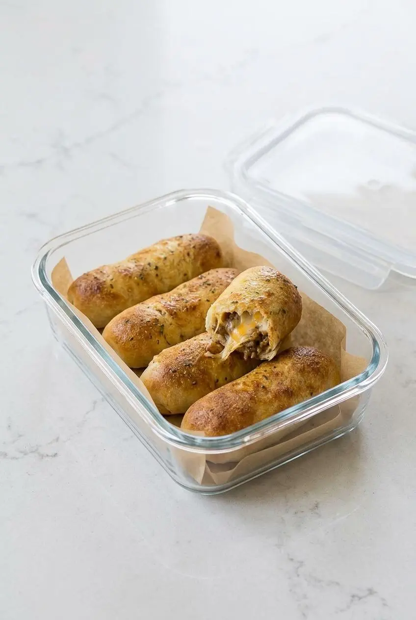 Cooled cheesy taco sticks layered with parchment paper inside a clear glass storage container.