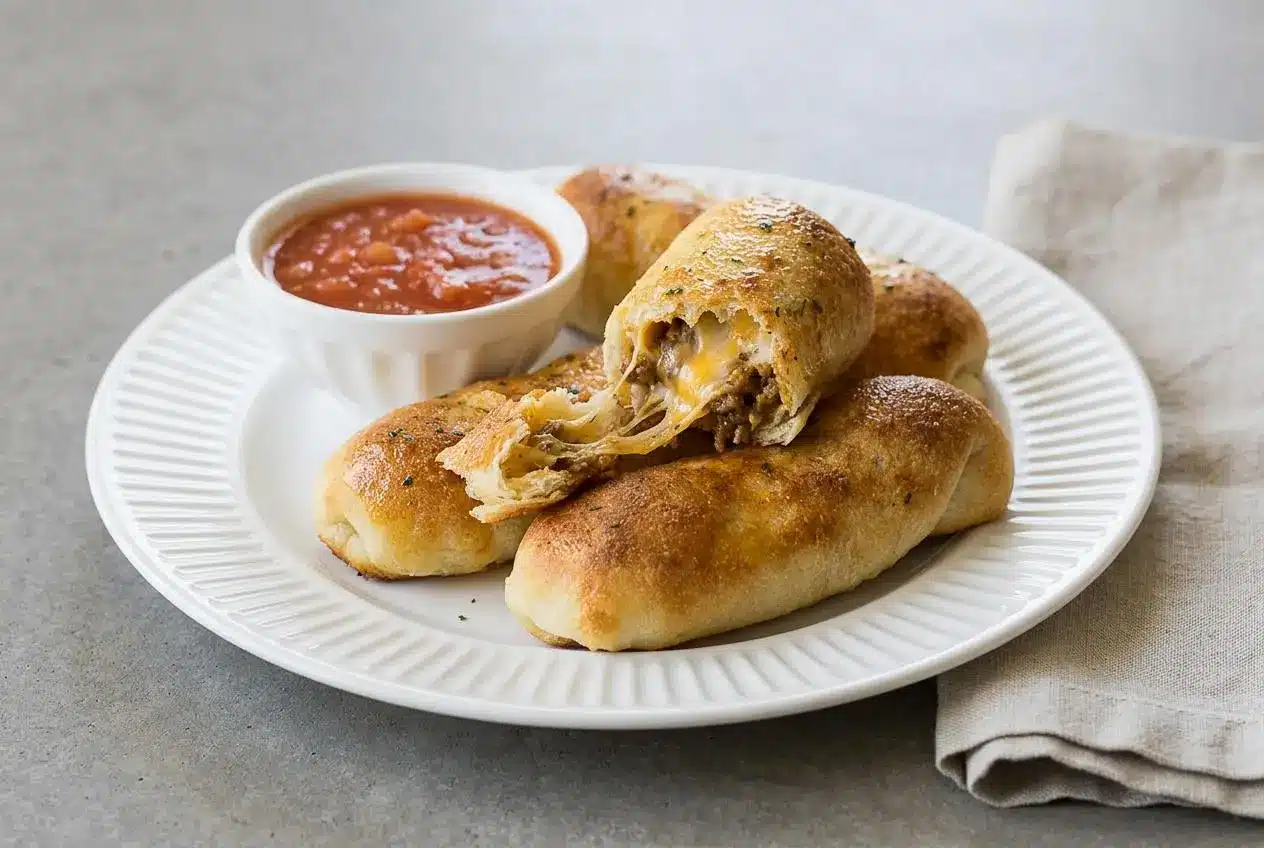 Cheesy taco sticks baked golden brown with seasoned ground beef and melted cheese.
