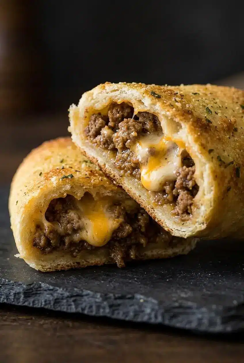 Cross-section of a baked cheesy taco stick showing melted cheese and seasoned ground beef inside a sealed crust.