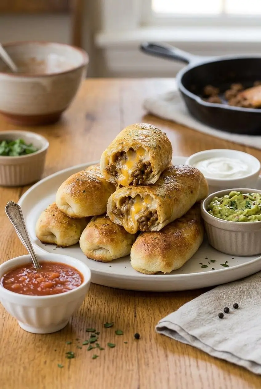 Platter of baked cheesy taco sticks surrounded by bowls of salsa, guacamole, and sour cream.