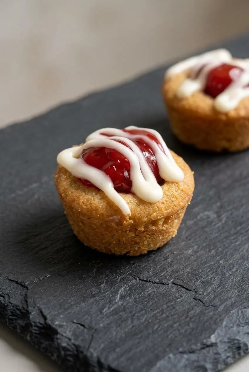 Close-up of a crisp sugar cookie cup showing a firm pressed well holding glossy cherry fruit filling.
