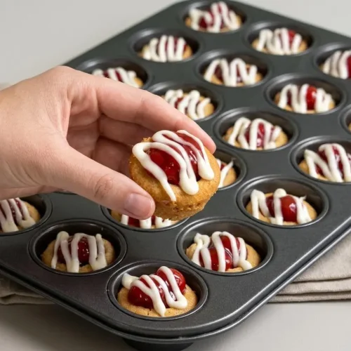 Golden cherry pie cookie cups filled with glossy tart cherries and drizzled with sweet almond icing.
