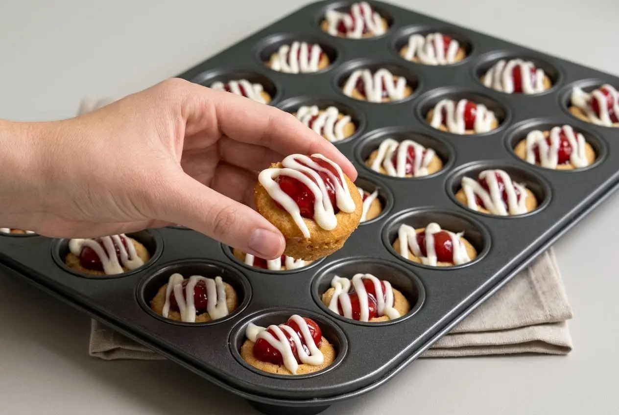 Golden cherry pie cookie cups filled with glossy tart cherries and drizzled with sweet almond icing.