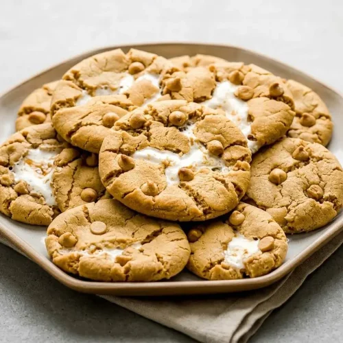 Chewy fluffernutter cookies with crackled golden edges, melted peanut butter chips, and gooey marshmallow centers.