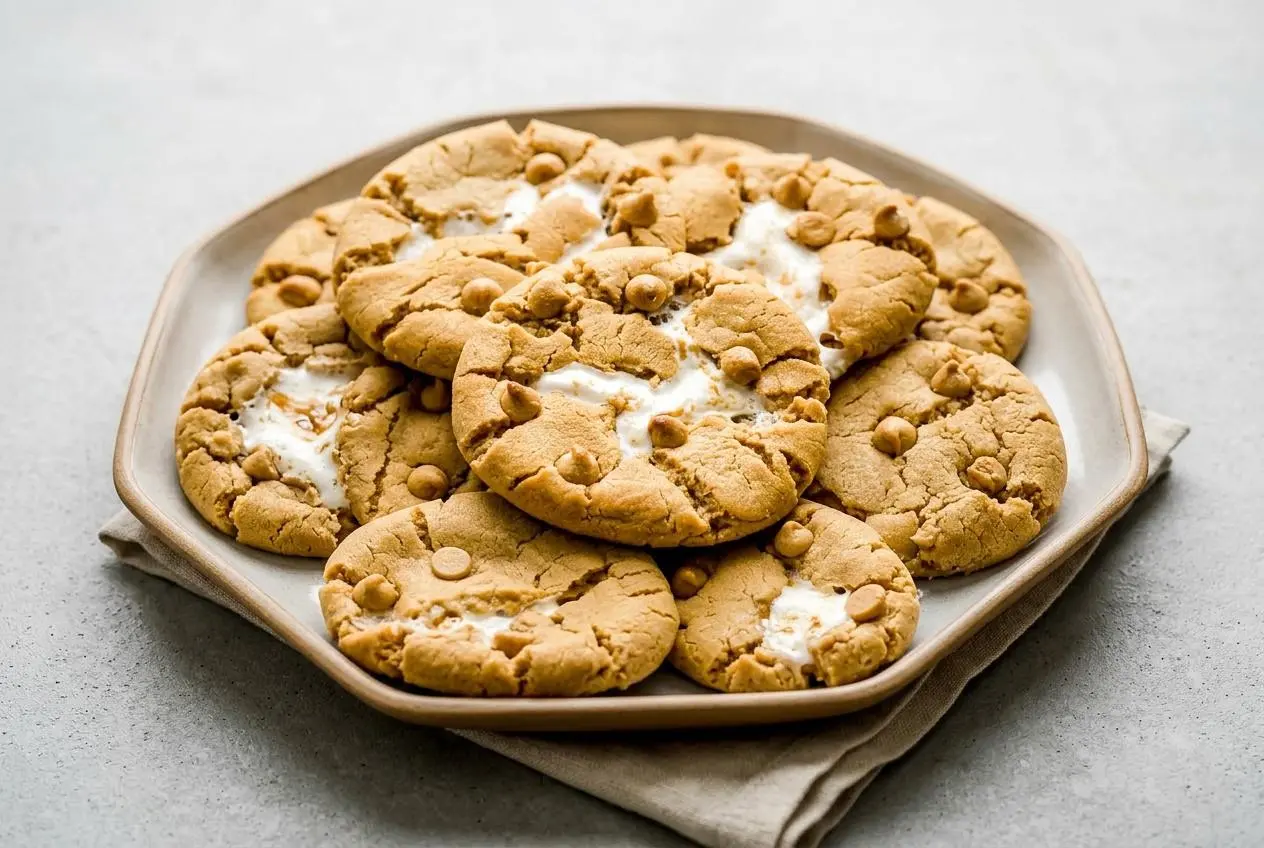 Chewy fluffernutter cookies with crackled golden edges, melted peanut butter chips, and gooey marshmallow centers.