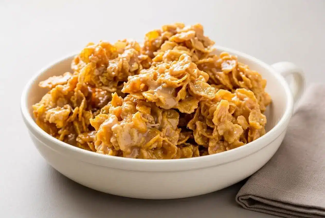 Chewy peanut butter cornflake cookies with glossy amber coating and crisp cereal edges.