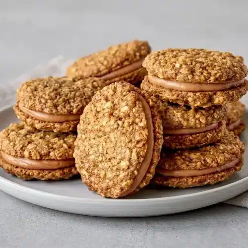 Assembled pumpkin oatmeal cream pies filled with velvety spiced buttercream on a serving plate.