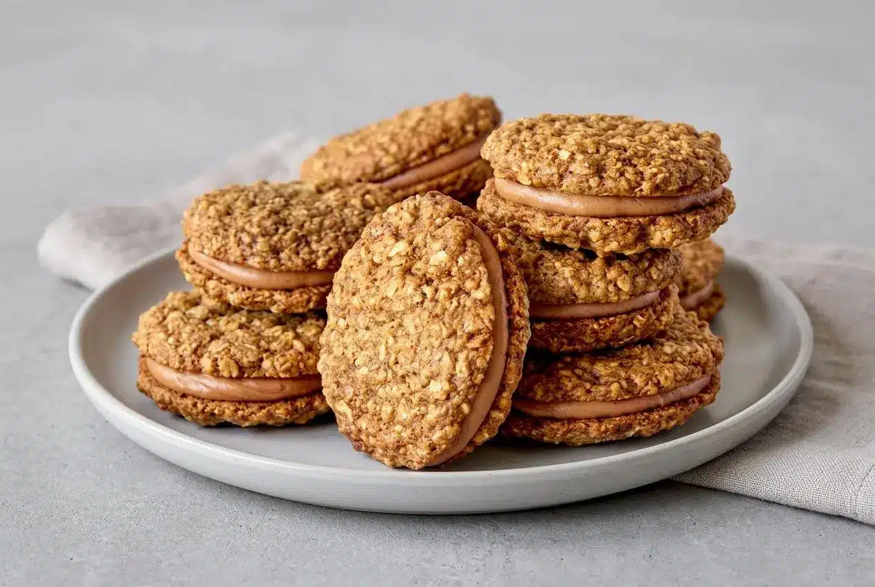 Assembled pumpkin oatmeal cream pies filled with velvety spiced buttercream on a serving plate.