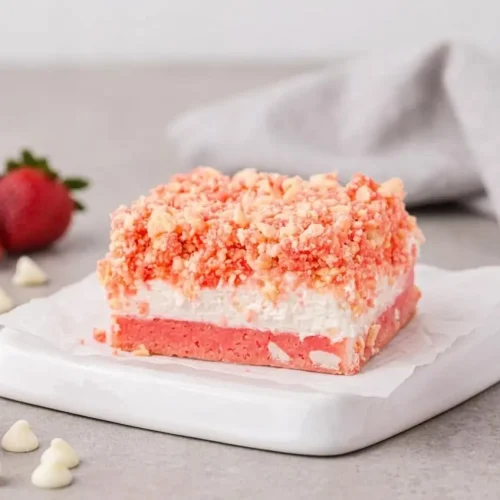 Chewy strawberry crunch brownies topped with fluffy cream cheese frosting and crisp strawberry cookie crumble.