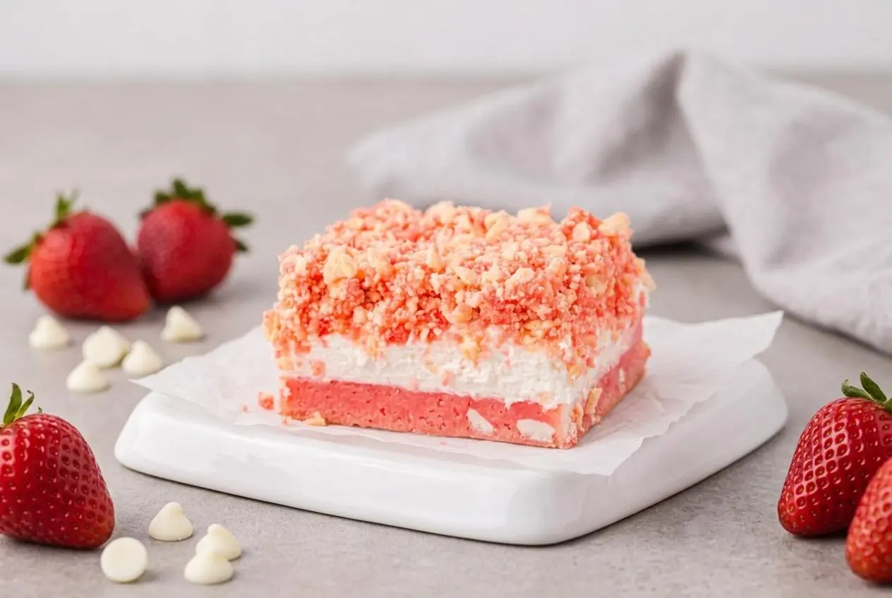 Chewy strawberry crunch brownies topped with fluffy cream cheese frosting and crisp strawberry cookie crumble.
