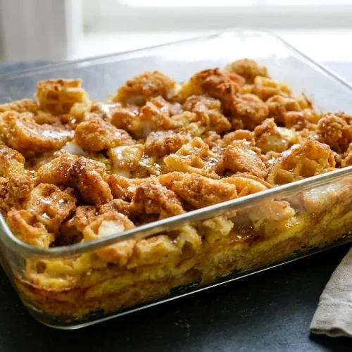 Baked chicken and waffles casserole with golden toasted waffle edges, crispy popcorn chicken, and tender maple custard.