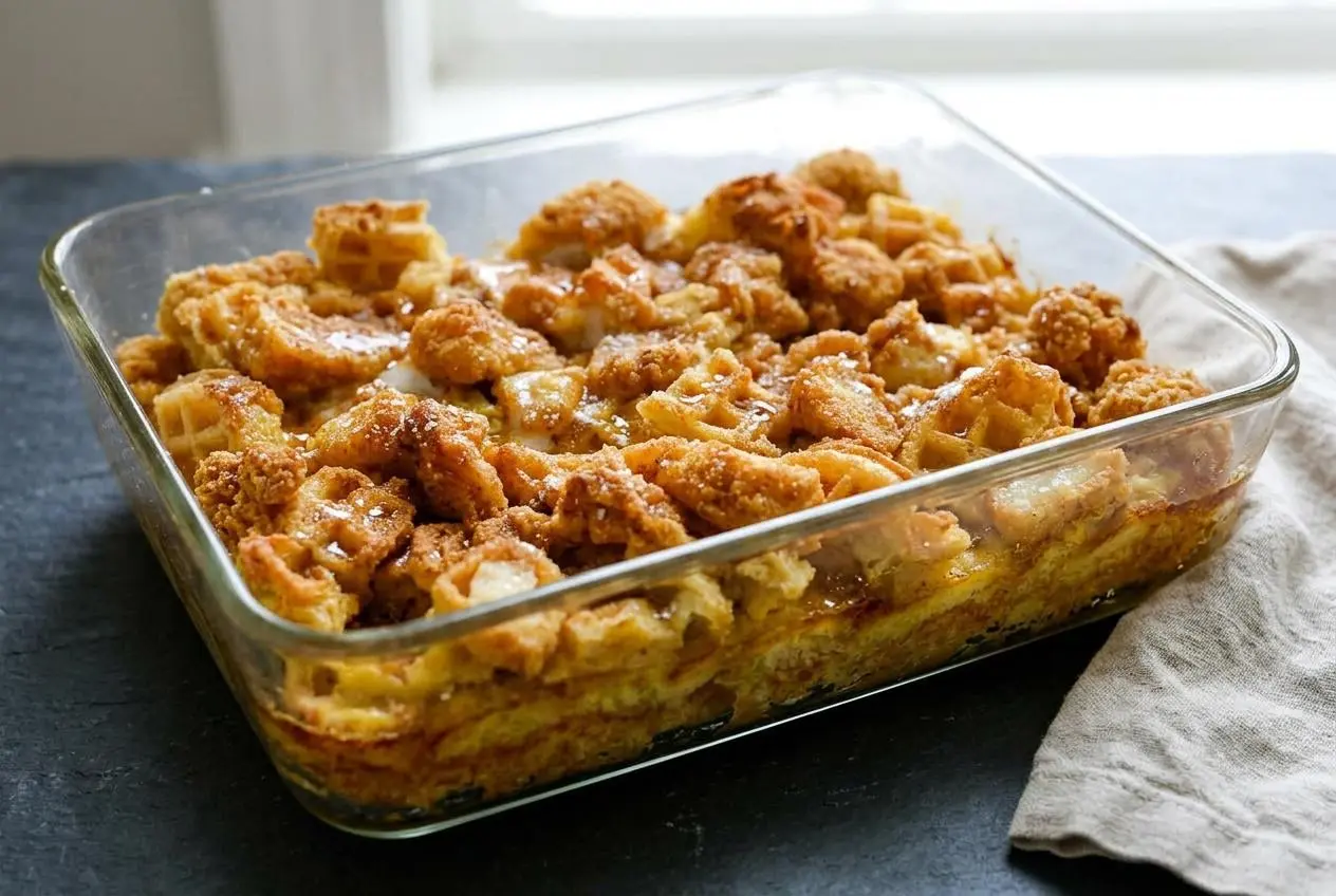 Baked chicken and waffles casserole with golden toasted waffle edges, crispy popcorn chicken, and tender maple custard.
