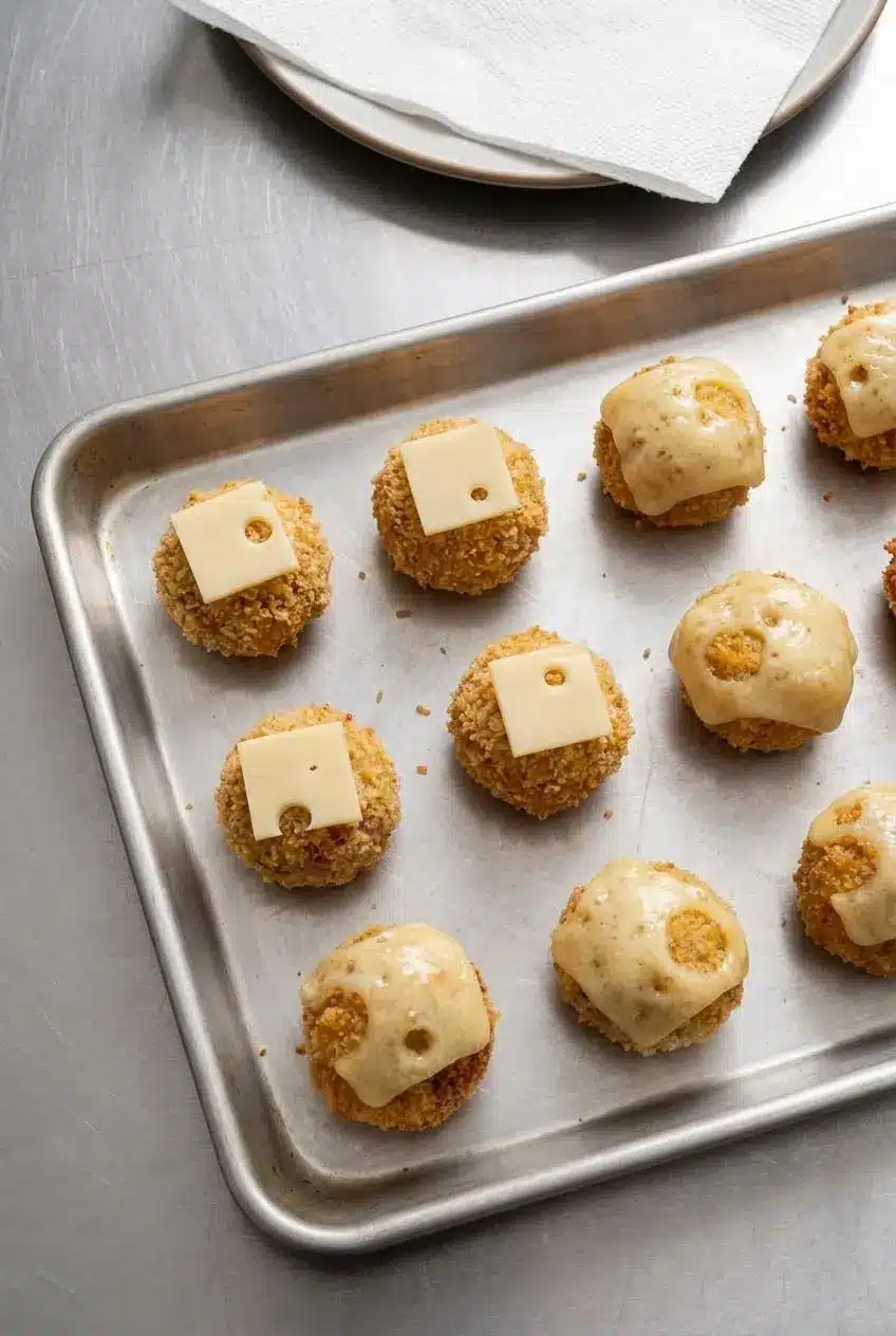 Golden-fried panko chicken meatballs spaced on a metal baking sheet topped with small squares of melting Swiss cheese.