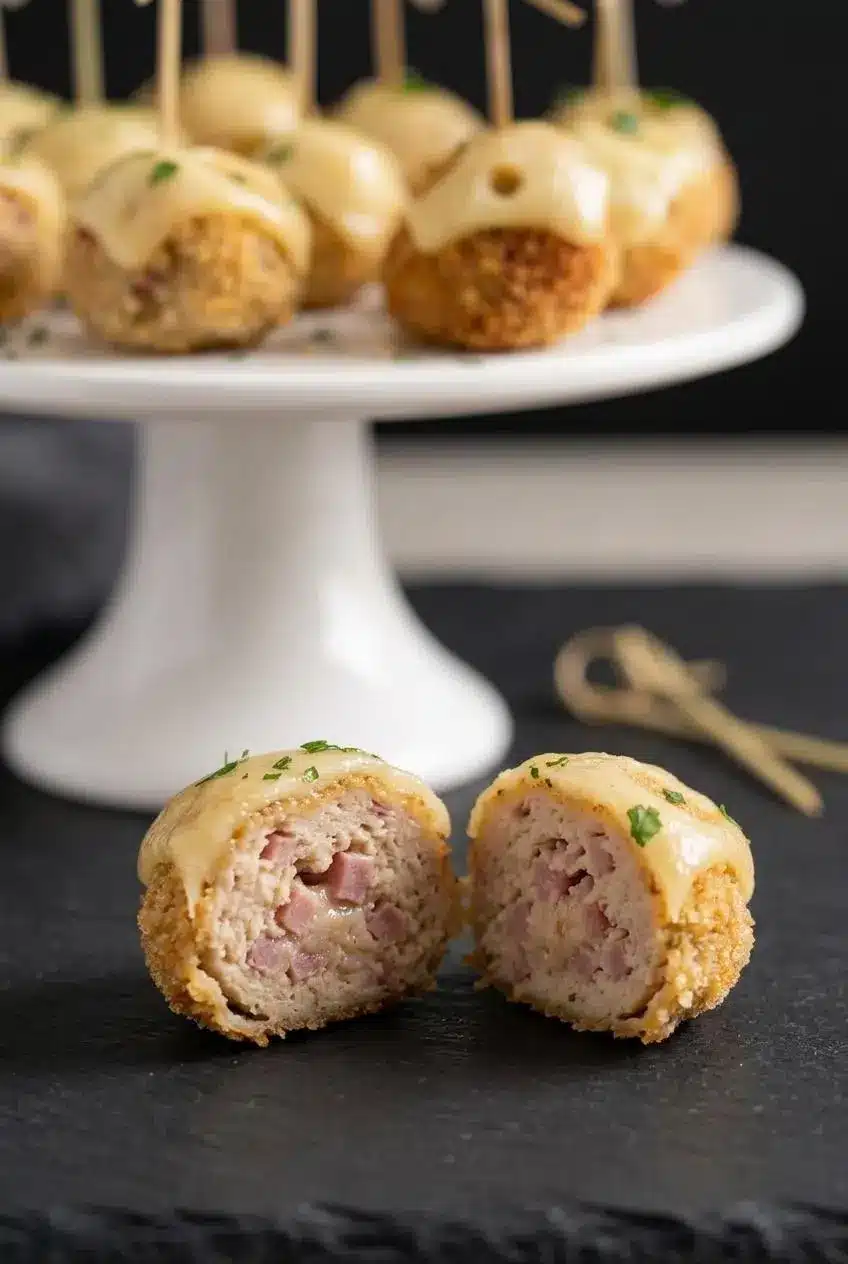 Halved chicken cordon bleu meatball showing a tender chicken and diced ham interior with a golden crust and melted Swiss.