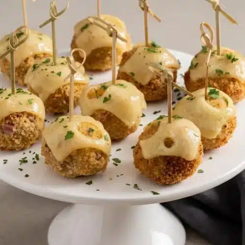 Chicken cordon bleu meatballs with a golden panko crust, melted Swiss cheese, and fresh parsley on a platter.