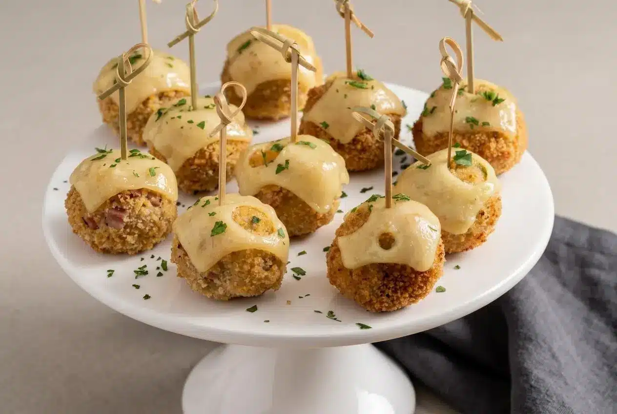 Chicken cordon bleu meatballs with a golden panko crust, melted Swiss cheese, and fresh parsley on a platter.