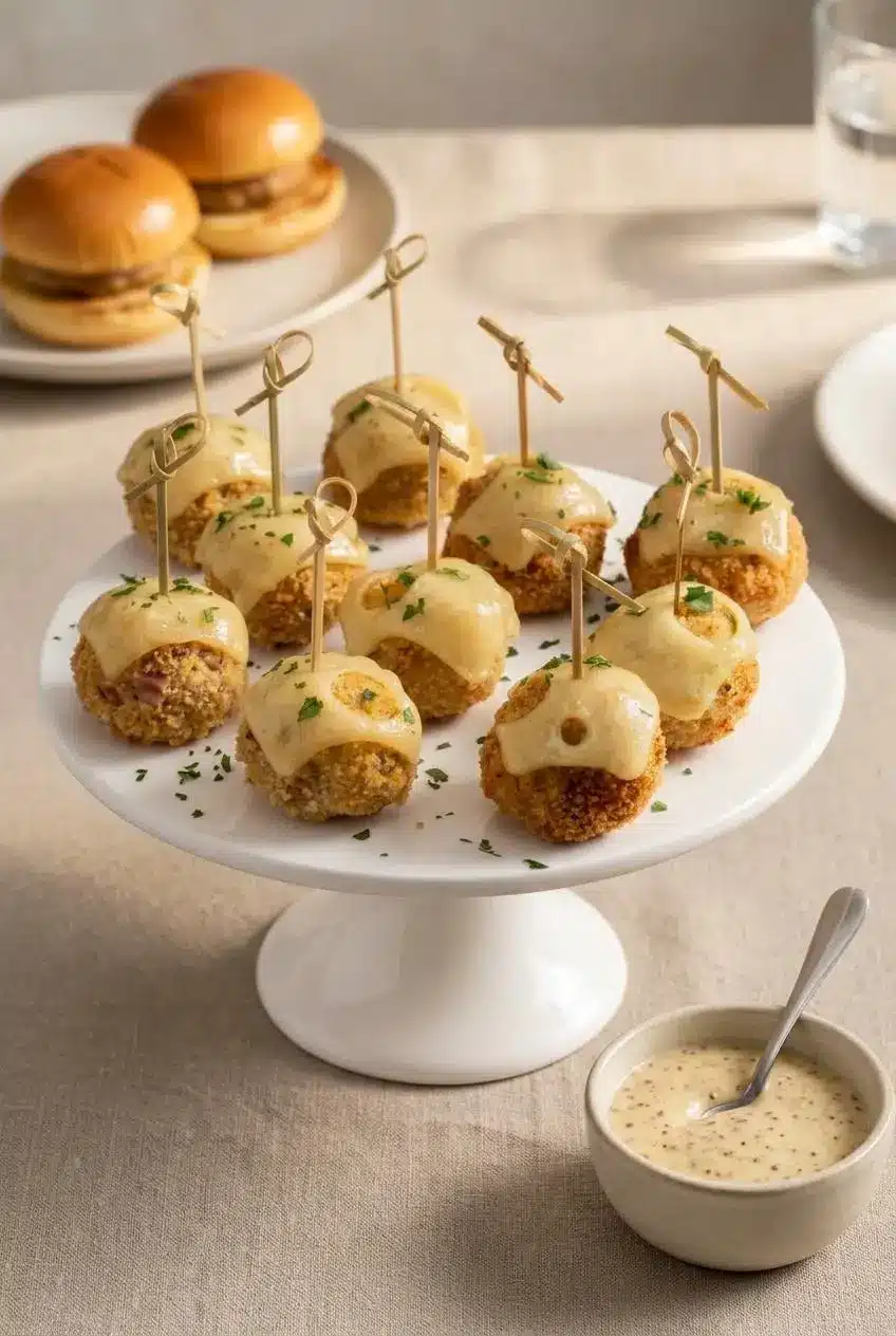 Platter of chicken cordon bleu meatballs with cocktail skewers, creamy grainy Dijon dipping sauce, and toasted brioche buns.