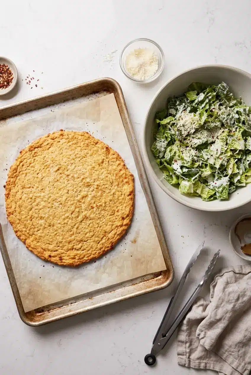 Baked golden chicken pizza crust cooling on parchment paper next to a bowl of dressed romaine lettuce.